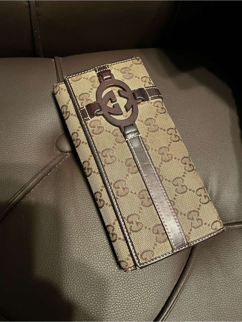 Authentic Gucci Beige and Brown GG Canvas Continental Britt Wallet. COA included